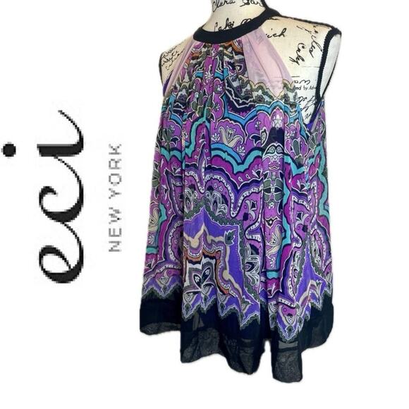 Y2K ECI NEW YORK BLOUSE DRESS MINI PURPLE PAISLEY SZ 4 BOHO ECLECTIC RETRO - Picture 1 of 12